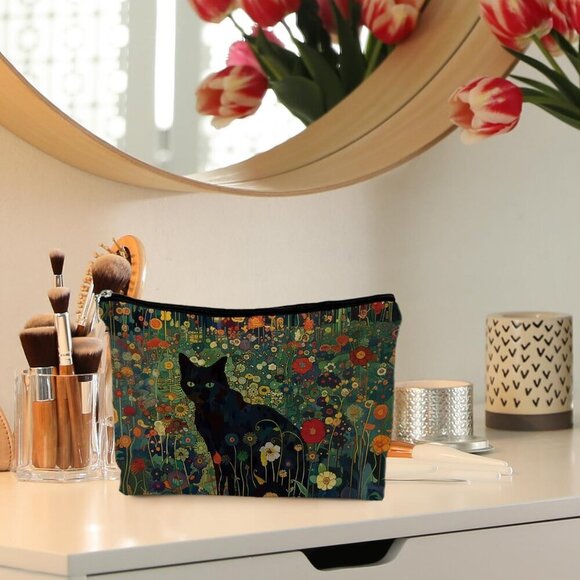Black Cat Floral Cosmetic Bag Pouch - Makeup Bag for Women, Cat Lover Gift, Mom - Picture 2 of 6